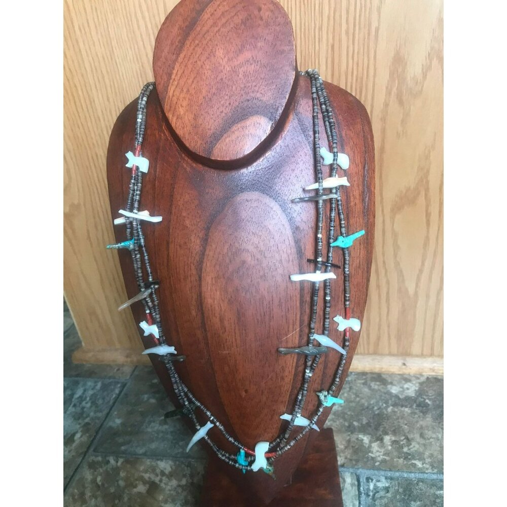 Vtg Zuni Fetish 3 Strand Necklace Native American Hand Carved Turquoise